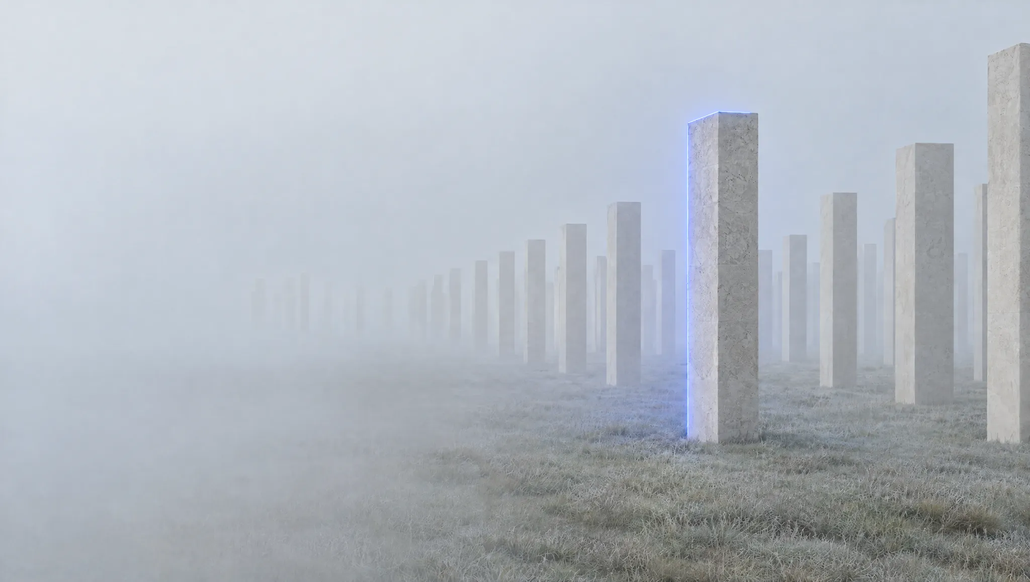 A field of identical stone monoliths in fog, one of them lit in blue