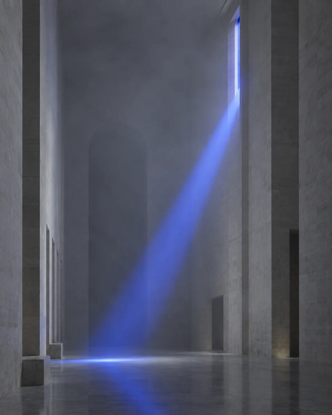 A single beam of blue light cutting through fog in a stone hall